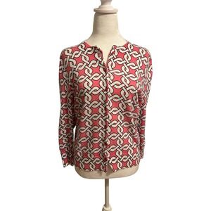 Crown & Ivy Pink White Geometric Medium Cardigan old money preppy classic tennis